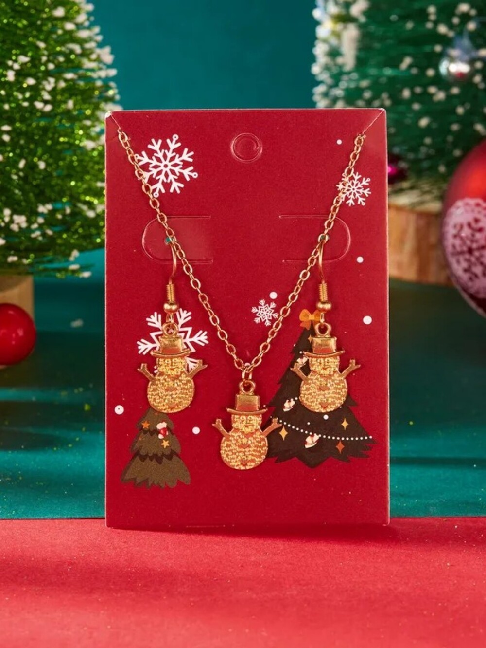 Gold Snowman Necklace and Earrings Set - Women Jewelry